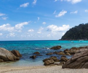 blue sea with coral reefs in the marine park.